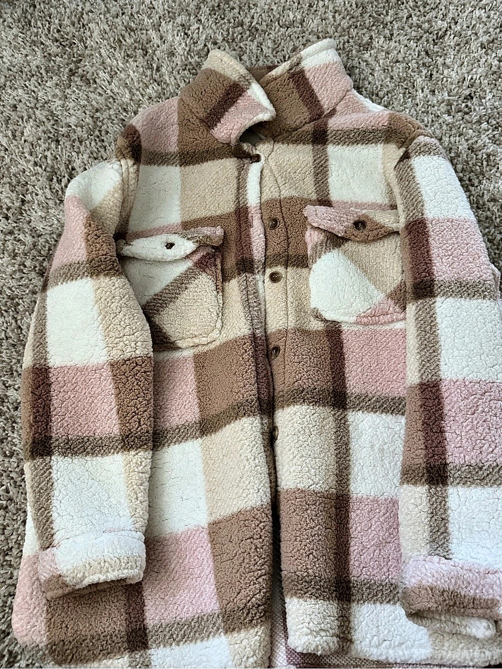 Sabrina Lauren Plaid Teddy Jacket in Pink & Brown XL Like New